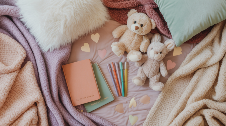 Cozy pastel bed scene with plush blankets, teddy bear and bunny plushies, small journals, colorful pens, and heart confetti, reflecting a soft comfort and self-care vibe from A Lil’ Bit Kinky.