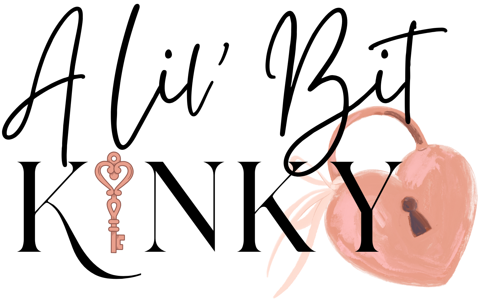 A Lil’ Bit Kinky logo featuring handwritten script text above bold lettering, with a soft coral heart-shaped lock and key motif on a clean transparent background.