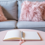 Open pink notebook with lined pages and a pen resting on top, placed on a round pastel pink table in front of a gray couch with fluffy pink pillows. A soft and cozy setting for journaling or studying BDSM terminology.