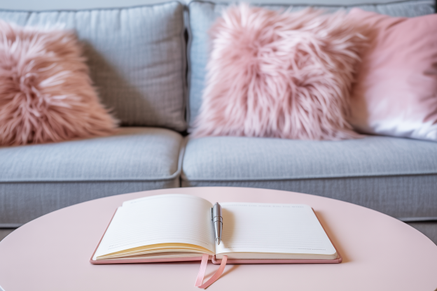 Open pink notebook with lined pages and a pen resting on top, placed on a round pastel pink table in front of a gray couch with fluffy pink pillows. A soft and cozy setting for journaling or studying BDSM terminology.