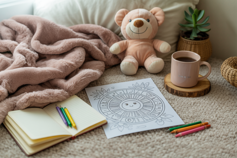 Cozy ageplay self care scene with plush teddy bear, soft blanket, coffee mug, journal, crayons, and a printable activity sheet, representing comfort, emotional regulation, and mindful adult play.