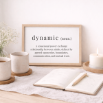 Minimalist BDSM education image featuring framed definition of ‘dynamic’ describing consensual power exchange, alongside coffee mugs, candle, journal, and pen, representing trust, communication, and healthy relationship dynamics.