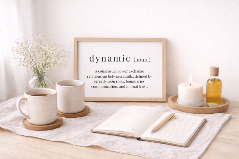 Minimalist BDSM education image featuring framed definition of ‘dynamic’ describing consensual power exchange, alongside coffee mugs, candle, journal, and pen, representing trust, communication, and healthy relationship dynamics.