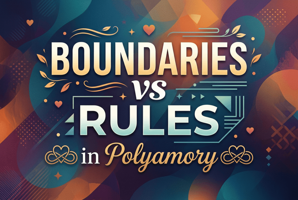 boundaries vs rules in polyamory bold graphic with infinity heart symbols representing ethical non monogamy relationship dynamics