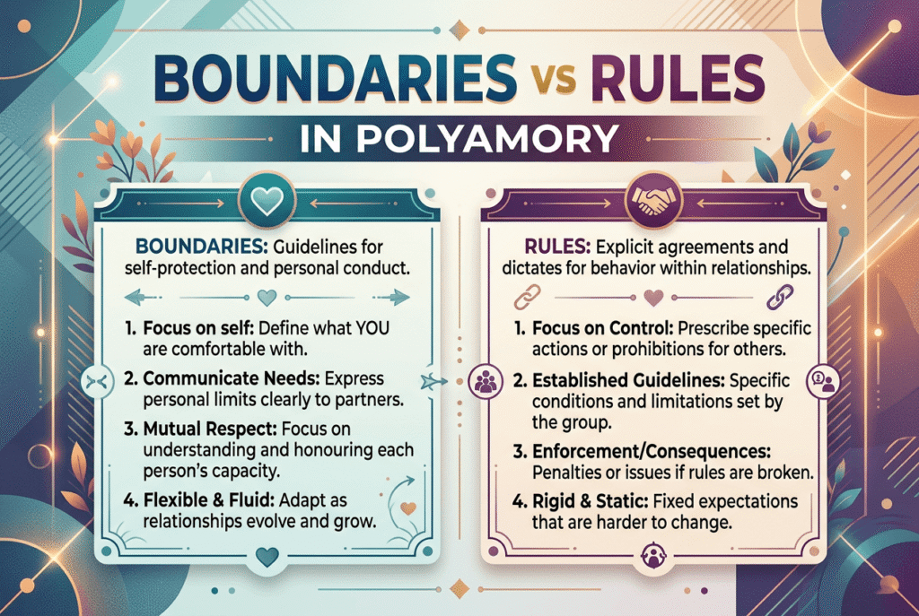 boundaries vs rules in polyamory infographic showing the difference between self focused boundaries and controlling rules in relationships