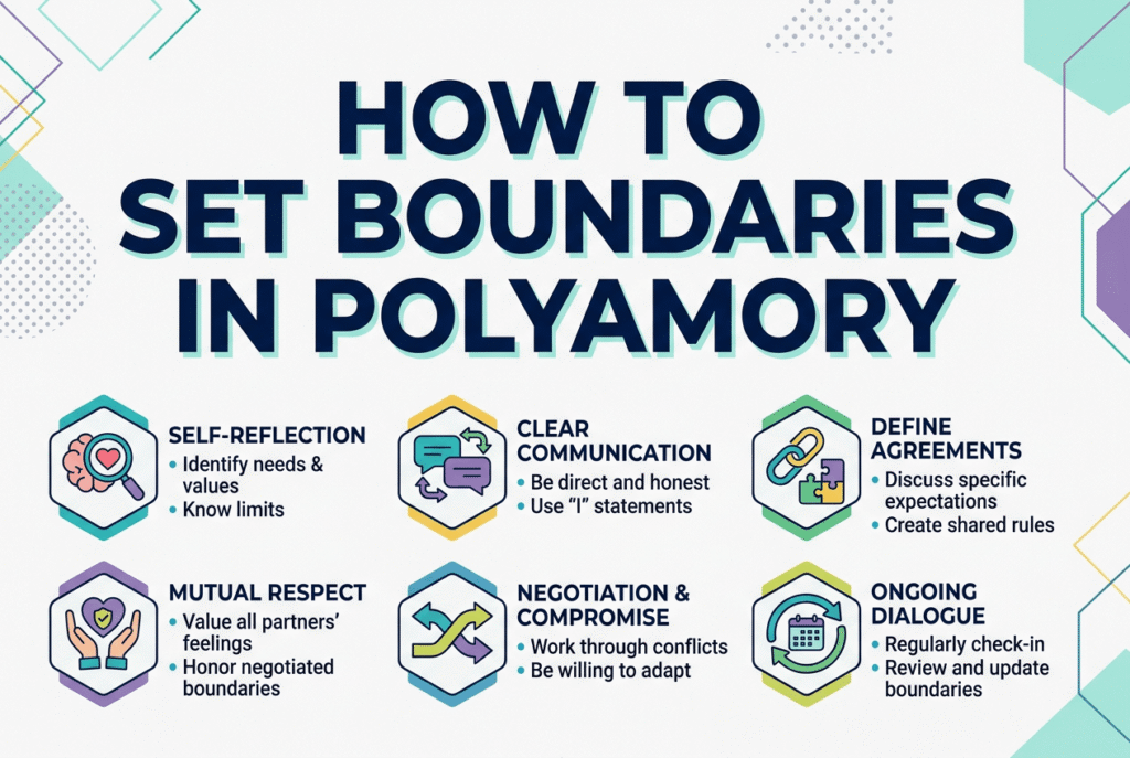 how to set boundaries in polyamory infographic showing self reflection clear communication mutual respect negotiation and ongoing dialogue