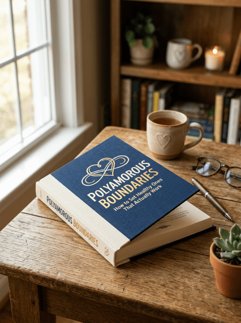 polyamorous boundaries book on rustic wooden desk with tea candle and succulent representing boundaries in polyamory resources