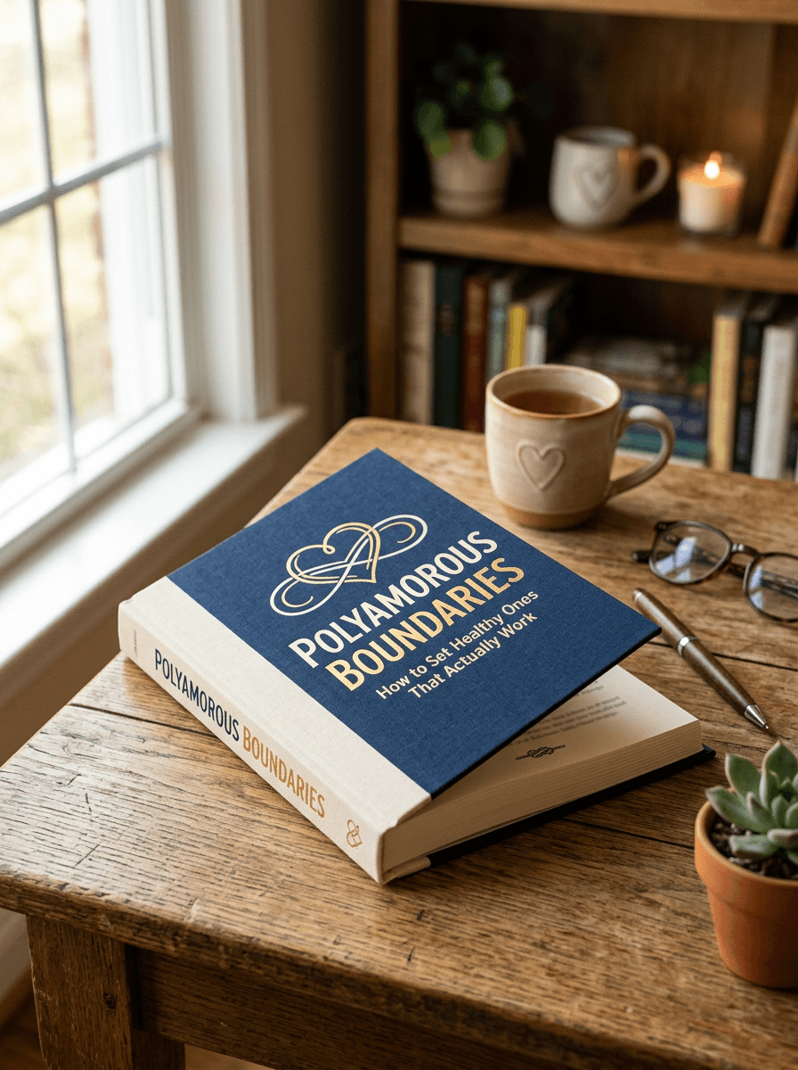 polyamorous boundaries book on rustic wooden desk with tea candle and succulent representing boundaries in polyamory resources