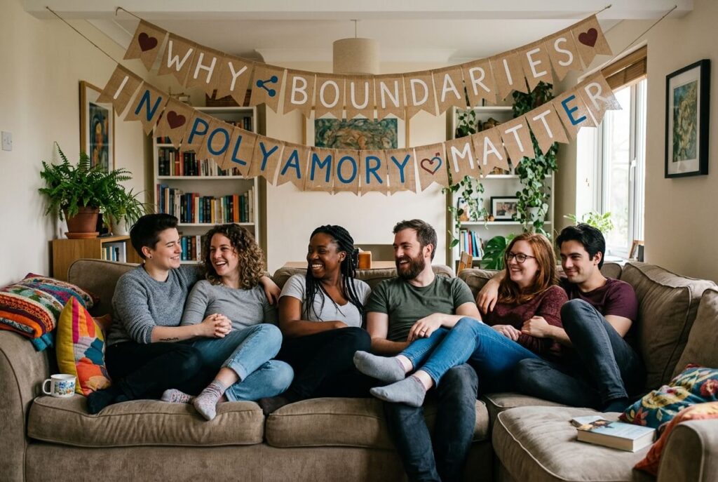 diverse group of friends laughing together on couch with banner reading why boundaries in polyamory matter representing healthy poly relationships
